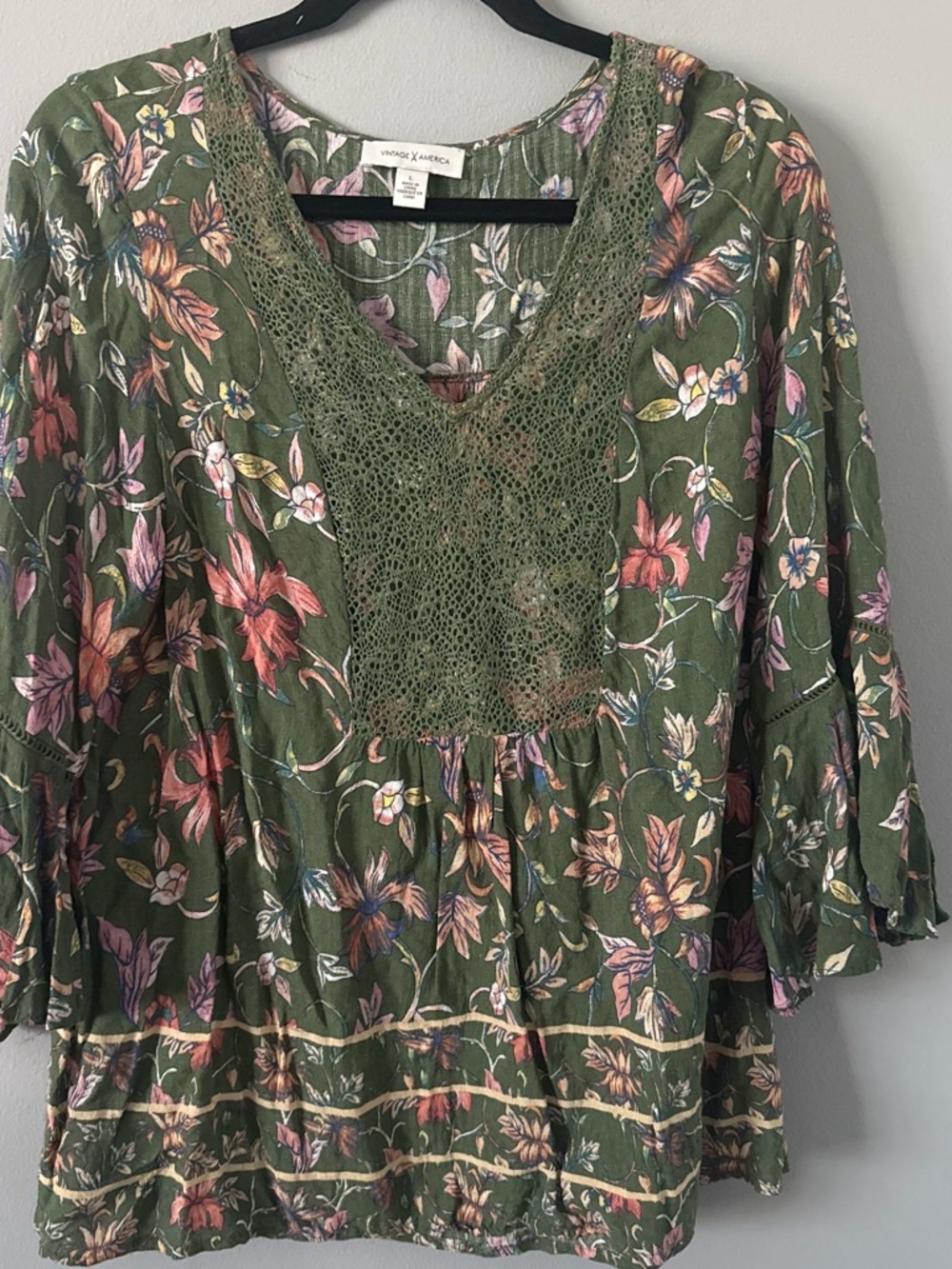Vintage America Olive Floral Crochet Yoke Tunic Top